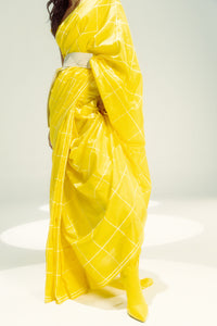 Yellow Windowpane Check Saree