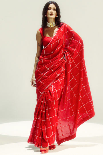 Red Windowpane Check Saree