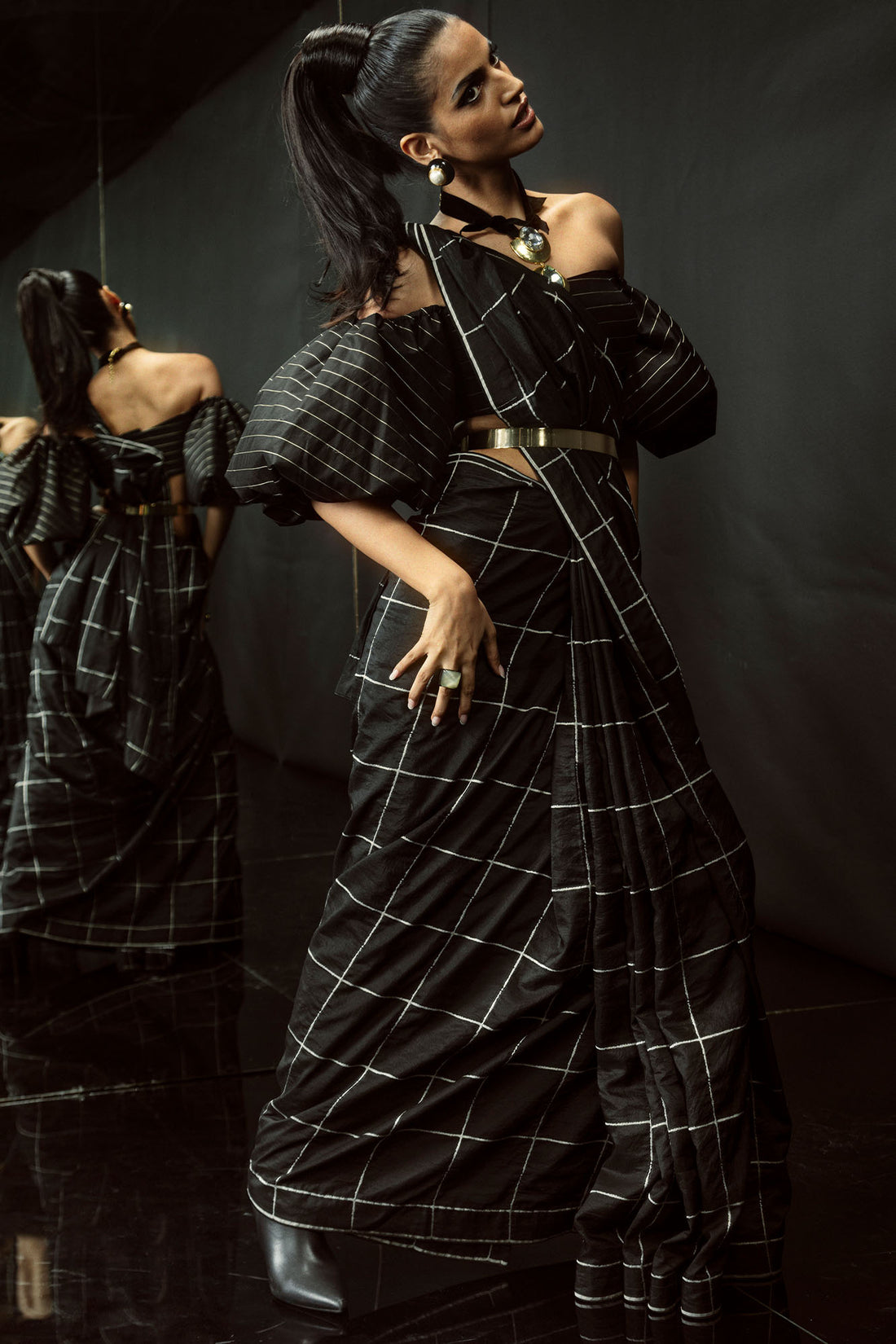 Black Windowpane Check Saree