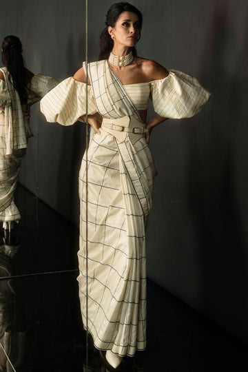 Vanilla Windowpane Check Saree