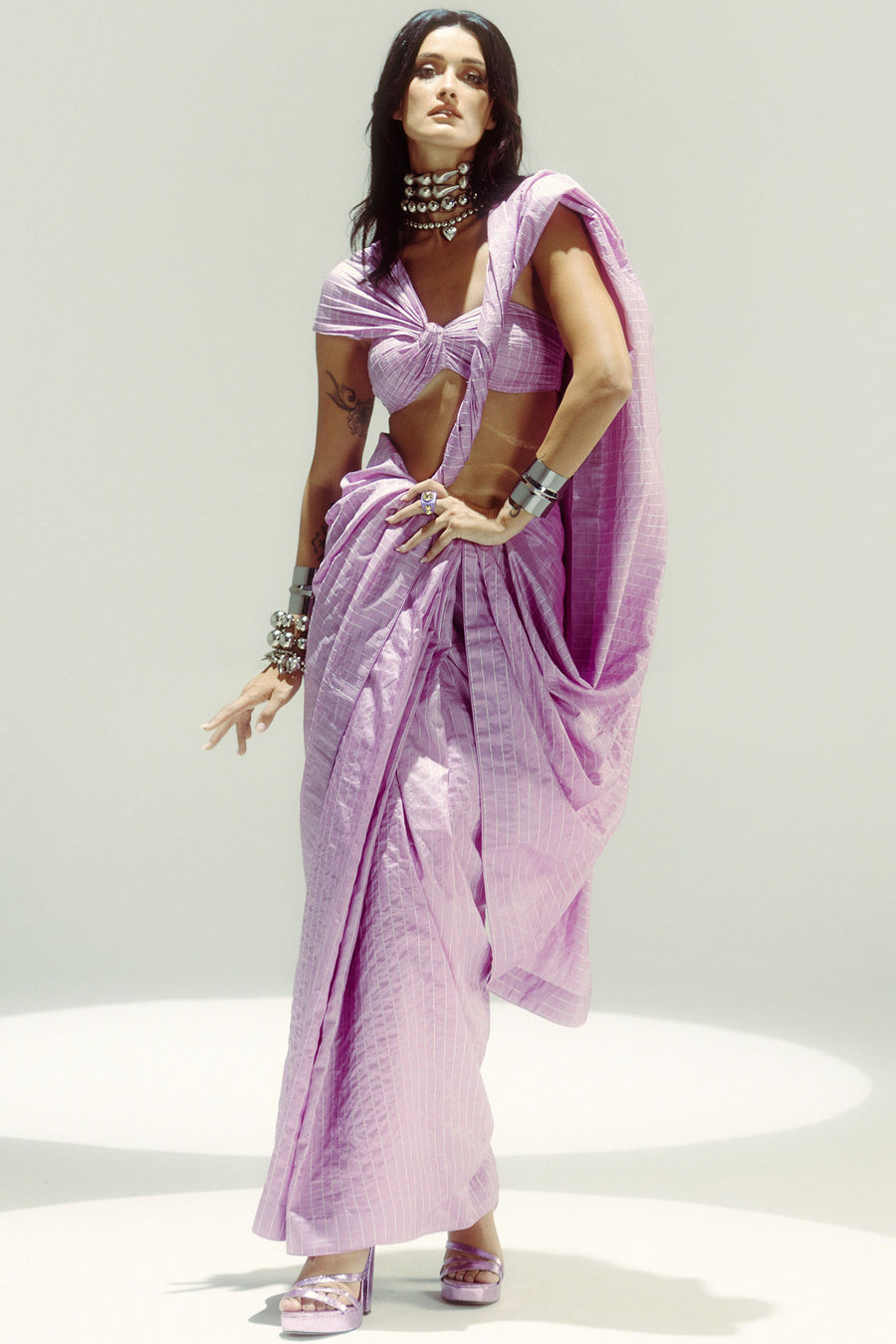 Lilac Pinstripe Saree