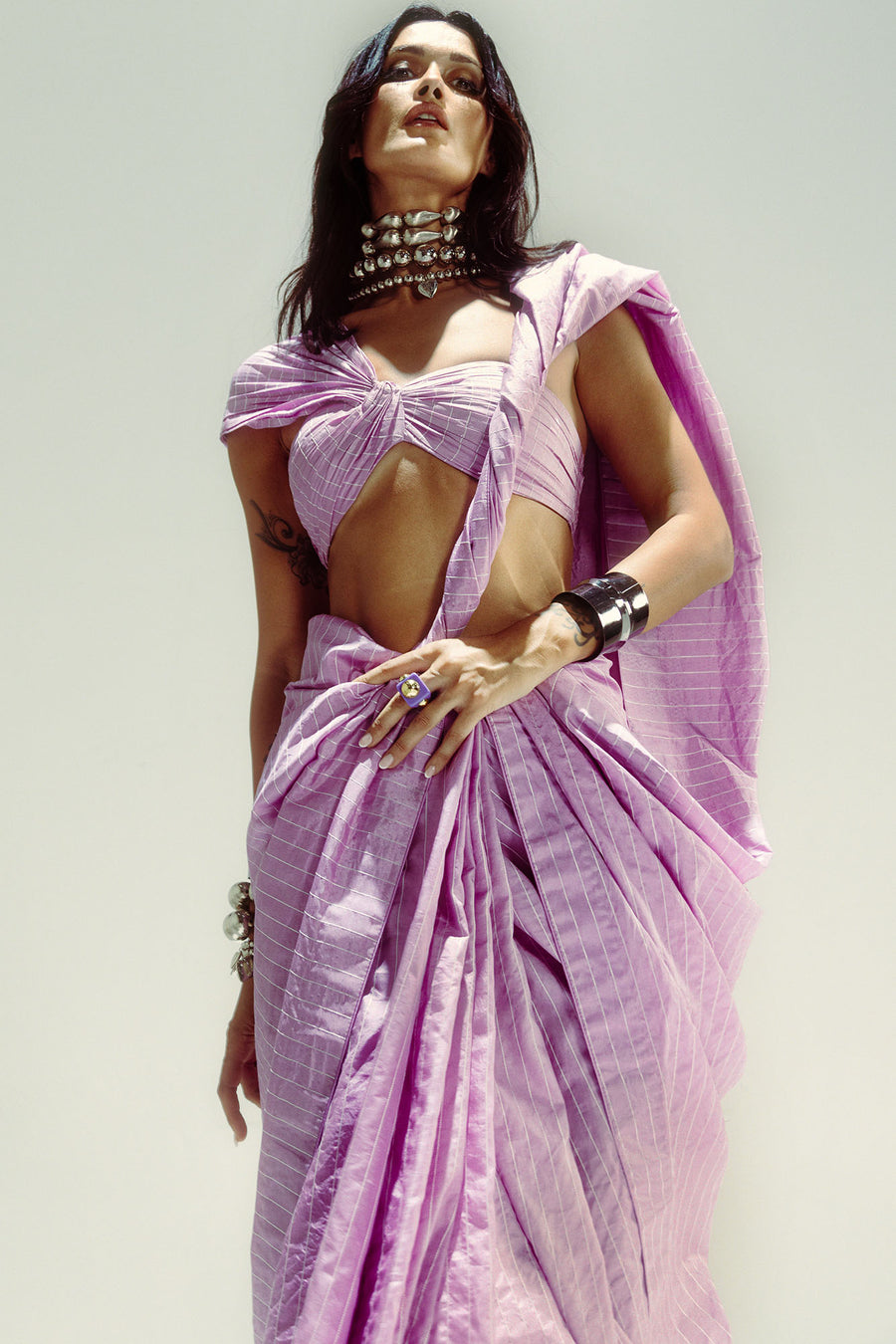 Lilac Pinstripe Saree