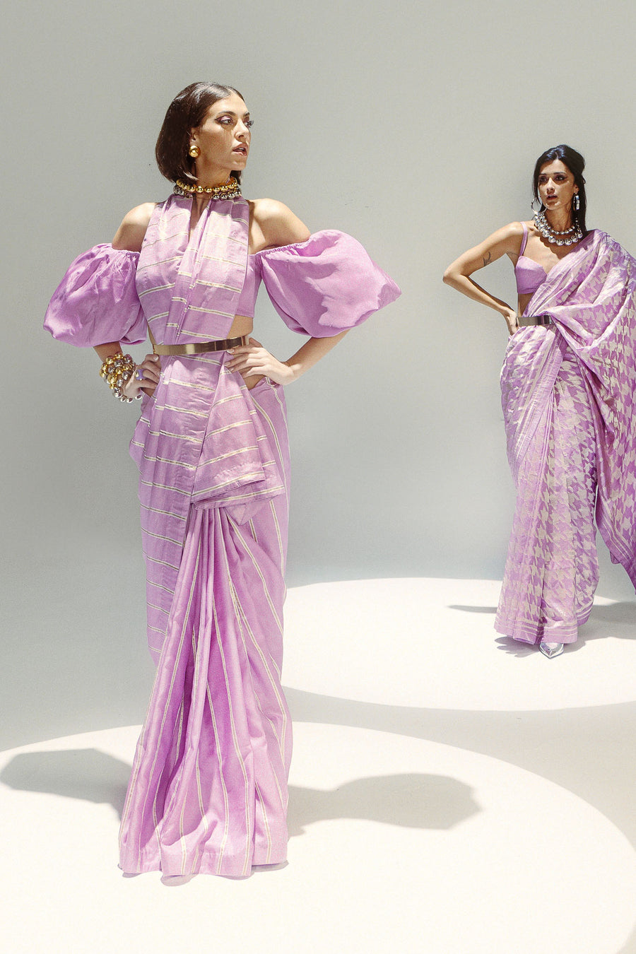 Lilac Gold Zari Pencil Stripe Saree