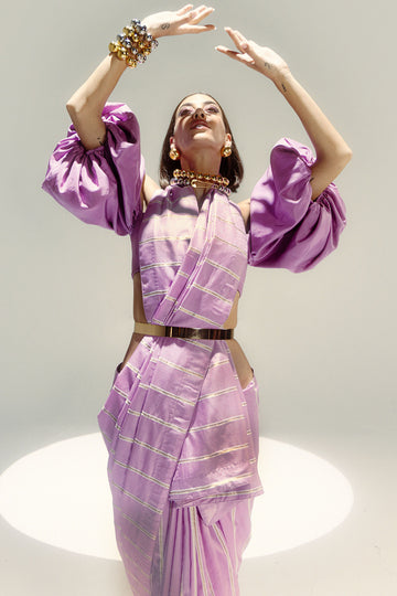 Lilac Gold Zari Pencil Stripe Saree