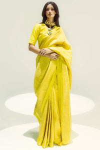 Yellow Small Houndstooth Zari Saree