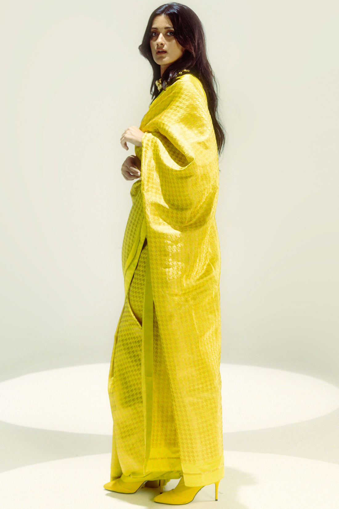 Yellow Small Houndstooth Zari Saree