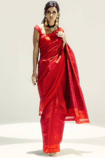 Red Resham Houndstooth Saree