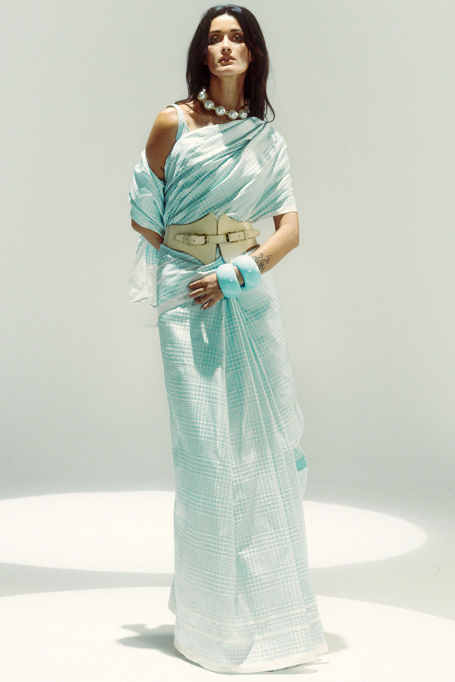 Powder Blue Glen Plaid Saree