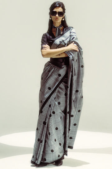 Black Polka Glen Plaid Saree