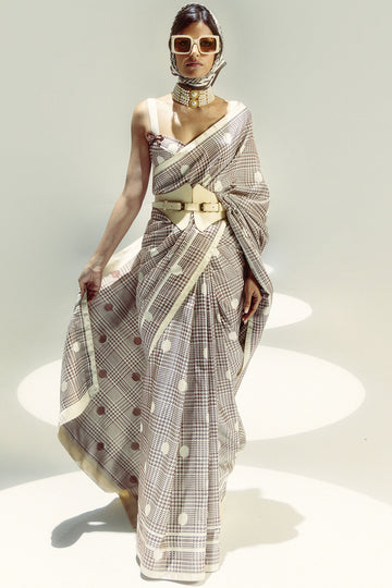 Vanilla Polka Glen Plaid Saree