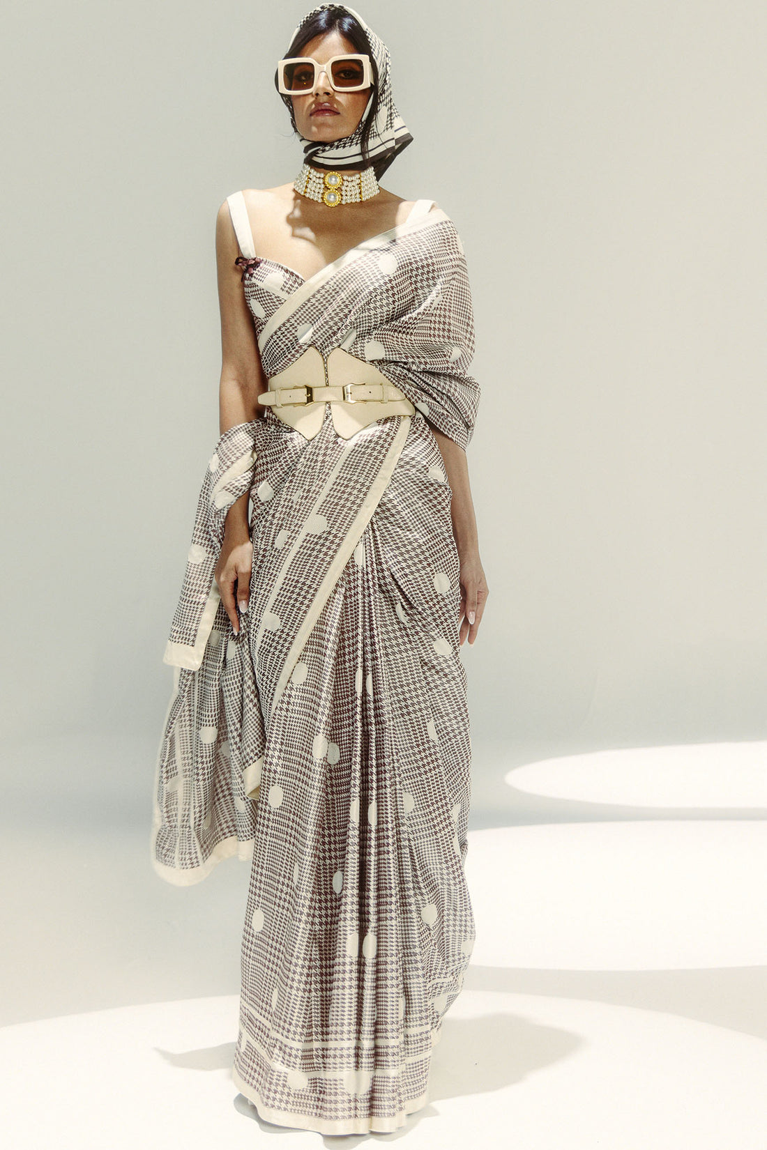 Vanilla Polka Glen Plaid Saree