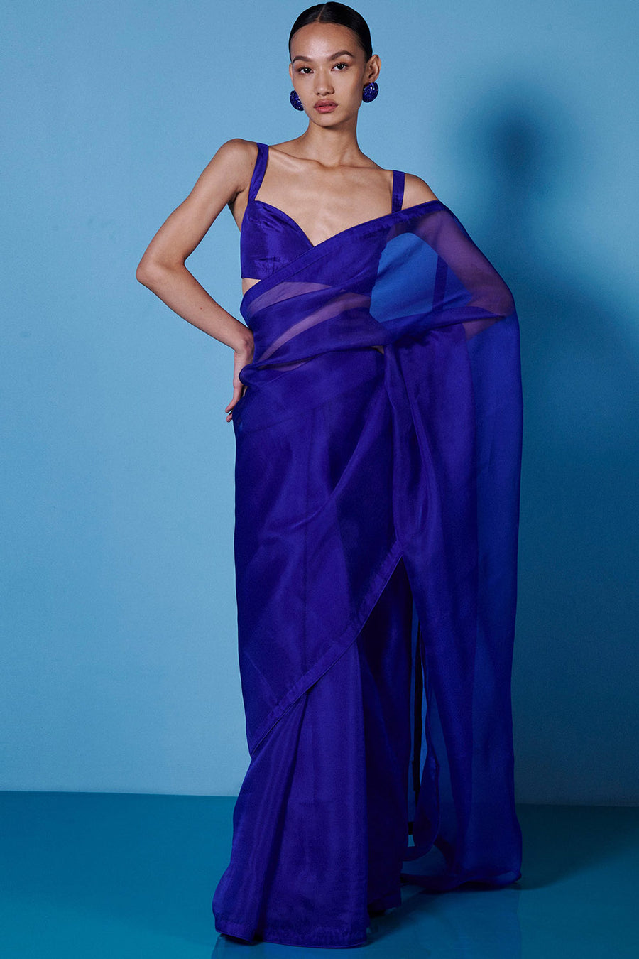 Midnight Blue Organza Saree Set