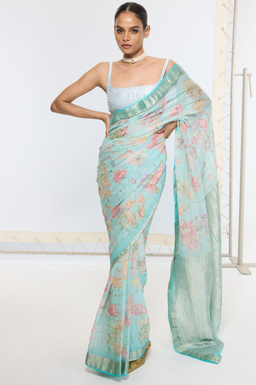 Handwoven Aqua Blue Printed Saree