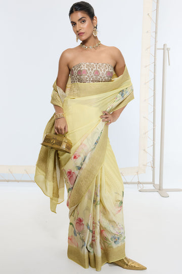 Handwoven Pastel Yellow Printed Saree