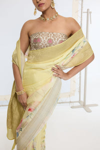 Handwoven Pastel Yellow Printed Saree