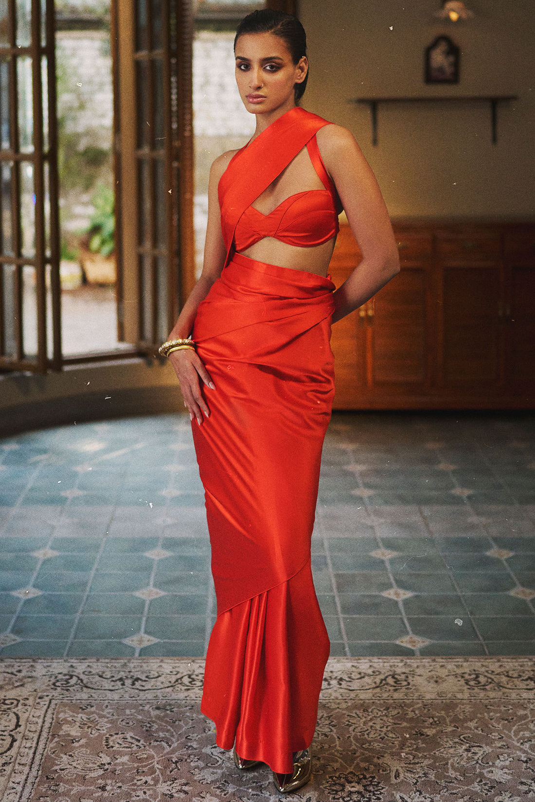 Handwoven Tiger Red Satin Saree