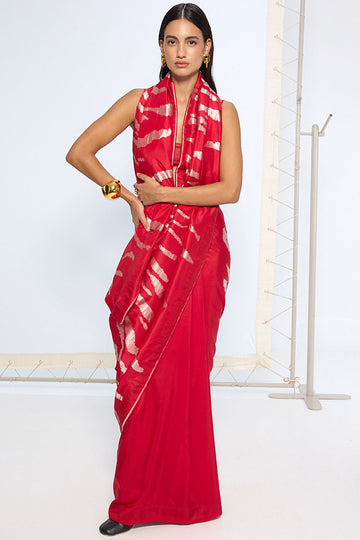 Handwoven Red Rose Gold Zari Saree