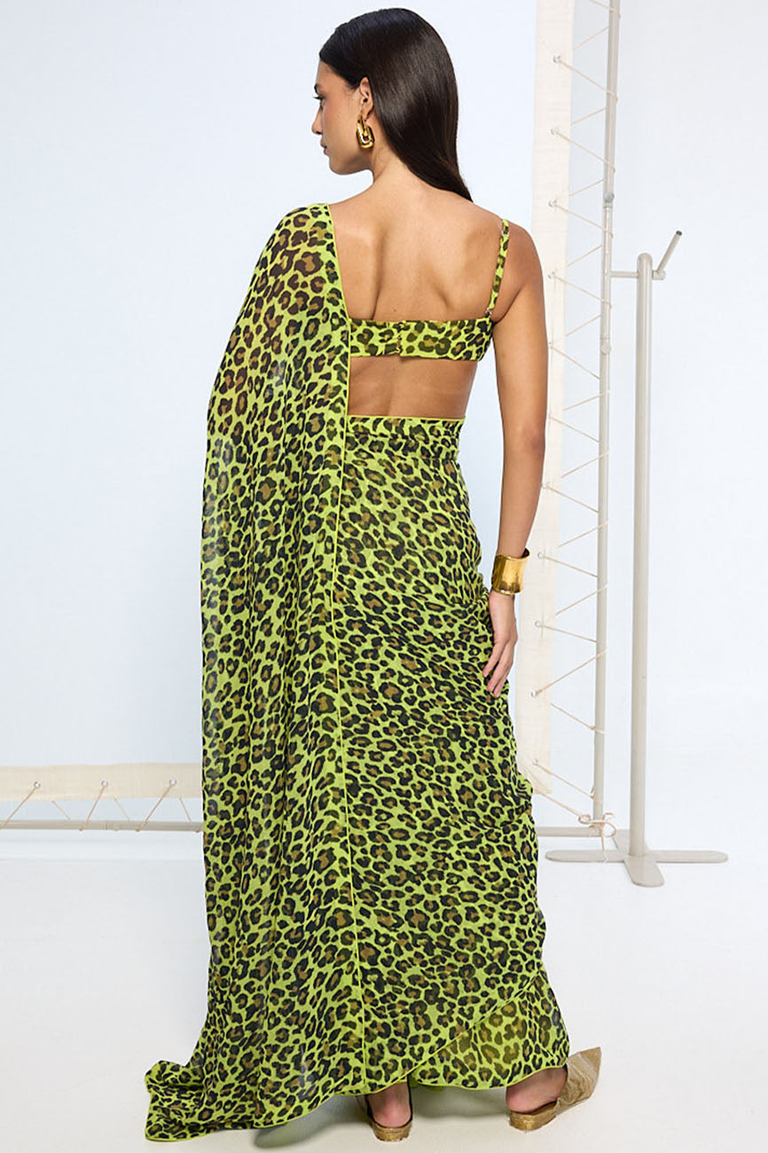 Green Leopard Print Saree RTS