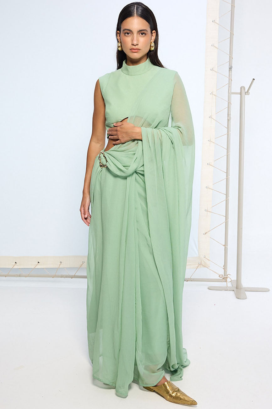 Pale Green Brooch Saree