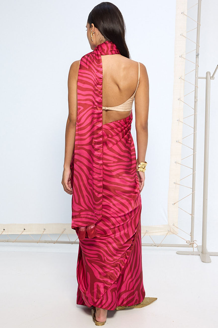 Pink Zebra Print Saree