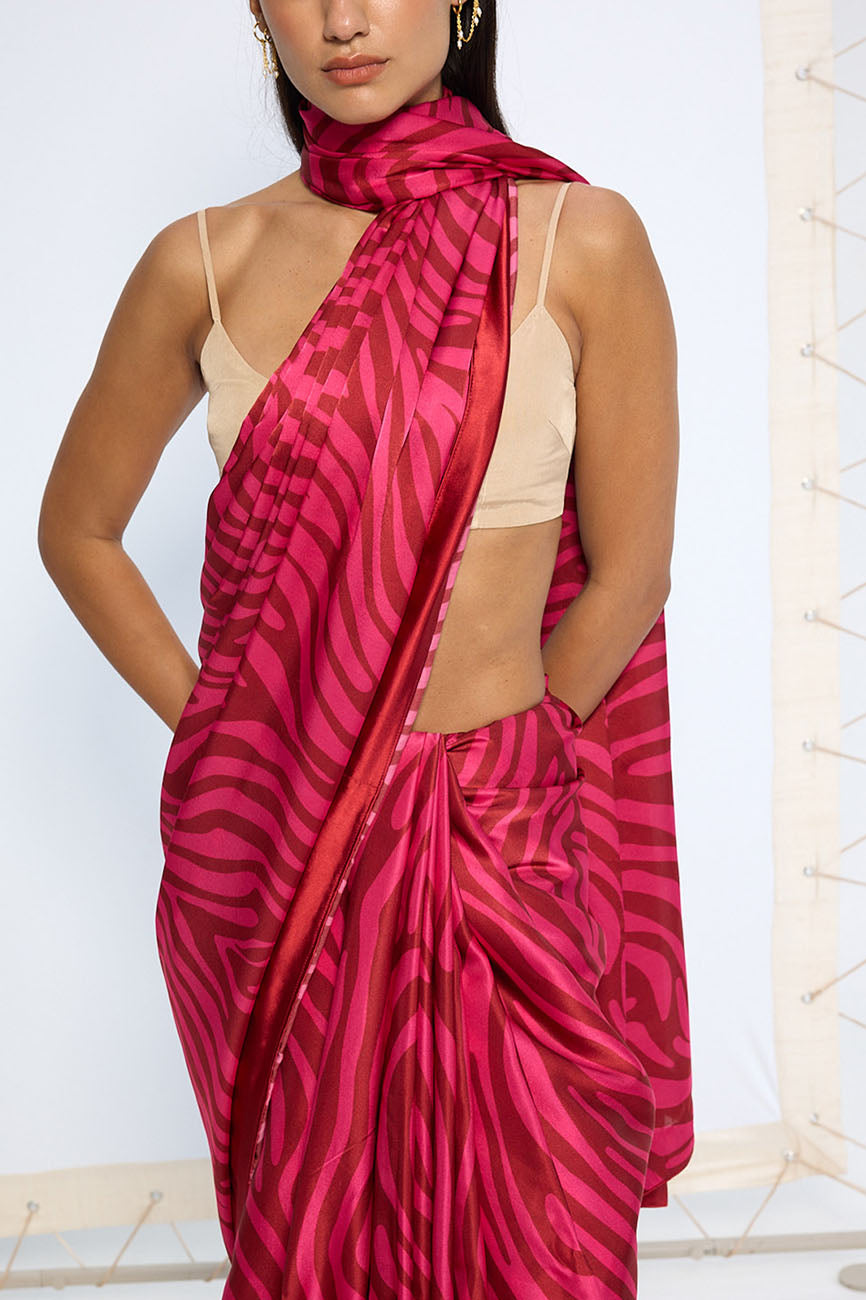 Pink Zebra Print Saree