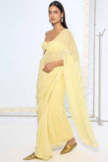 Butter Yellow Polka Dotted Saree