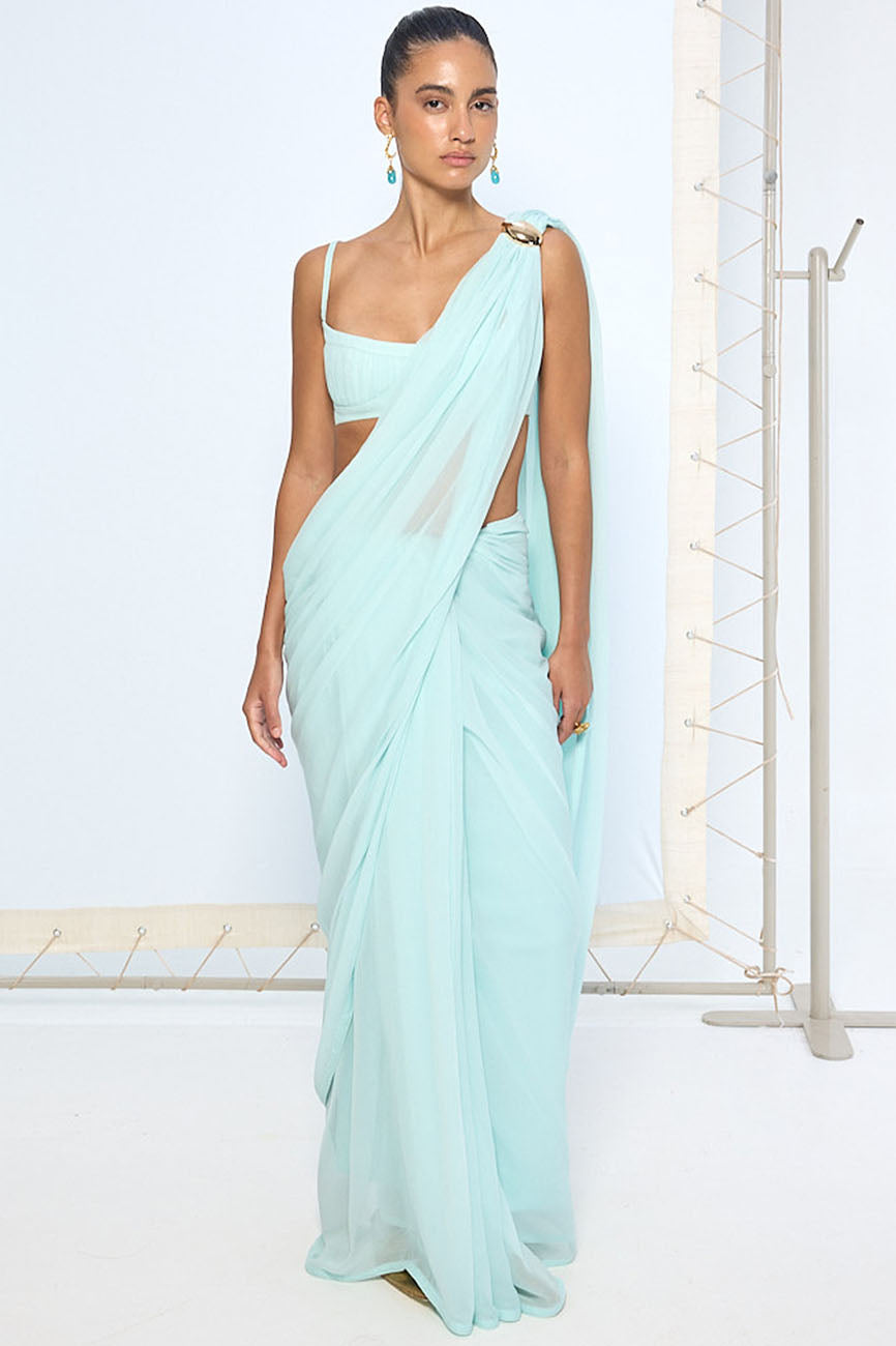 Ice Blue Movable Brooch Saree