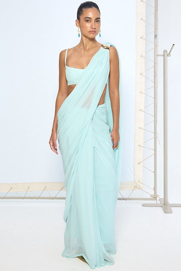 Ice Blue Movable Brooch Saree