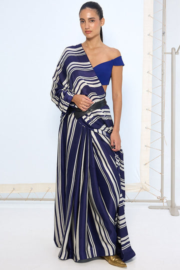 Navy Striped Printed Saree