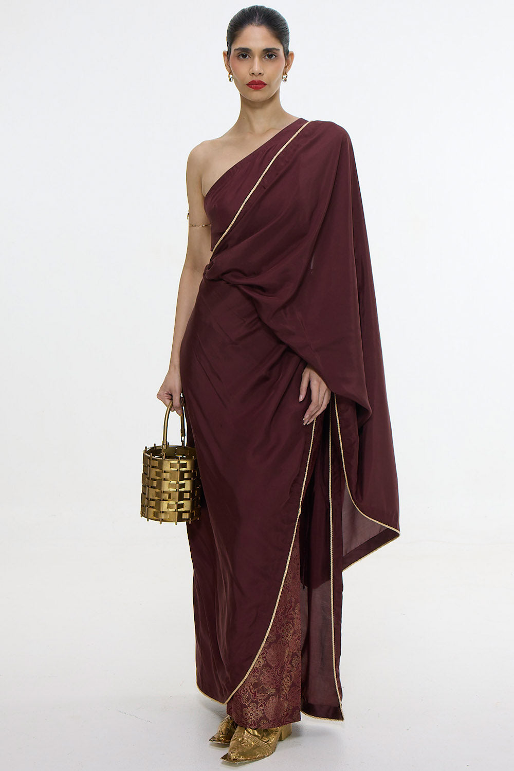Pre Draped Handwoven Chestnut Mashroo Silk Saree