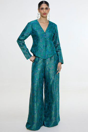 Handwoven Coral Blue Jacket Set