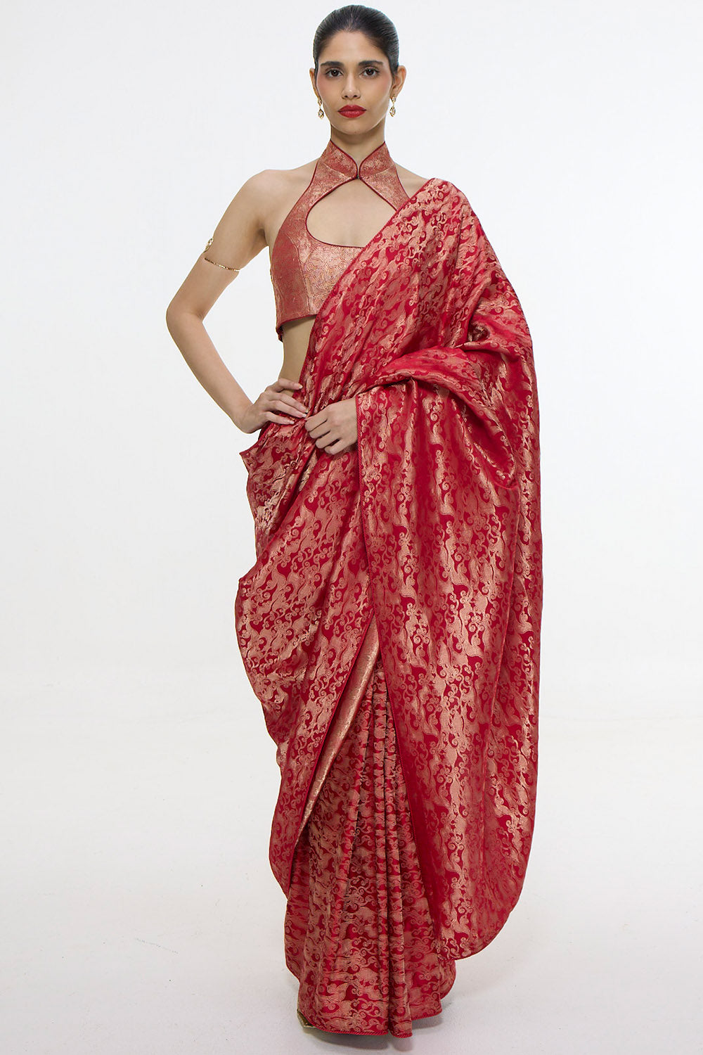 Handwoven Crimson Red Silk Tissue Saree