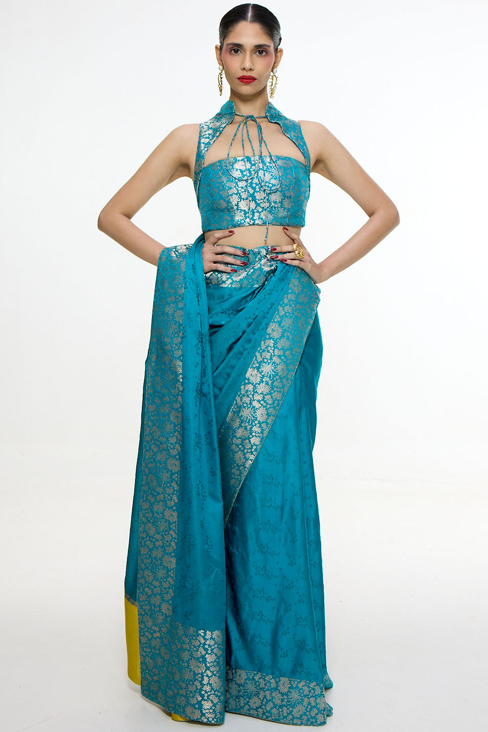 Handwoven Coral Blue Saree