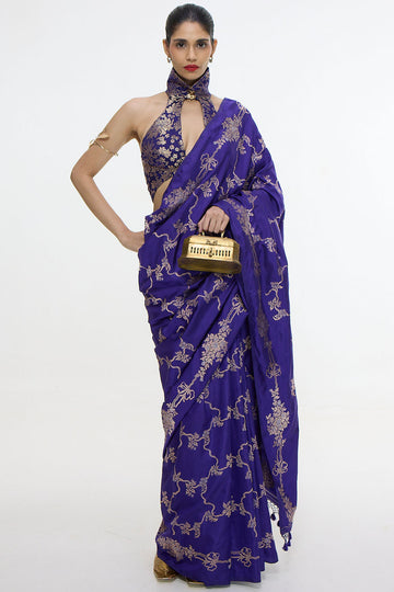 Handwoven Indigo Blue Mashroo Silk Saree
