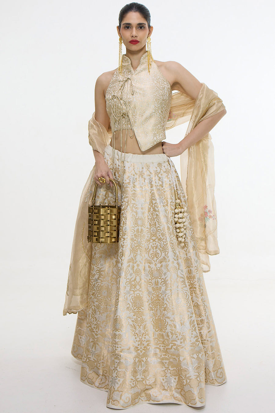Handwoven Ivory-Gold Silk Lehenga Set