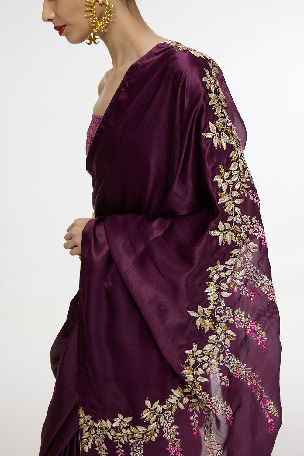 Handwoven Maroon Saree With Embroidered Panel