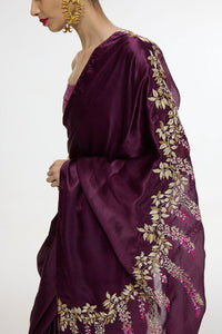 Handwoven Maroon Saree With Embroidered Panel