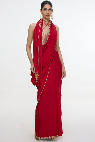 Handwoven Embroidered Vermillion Saree