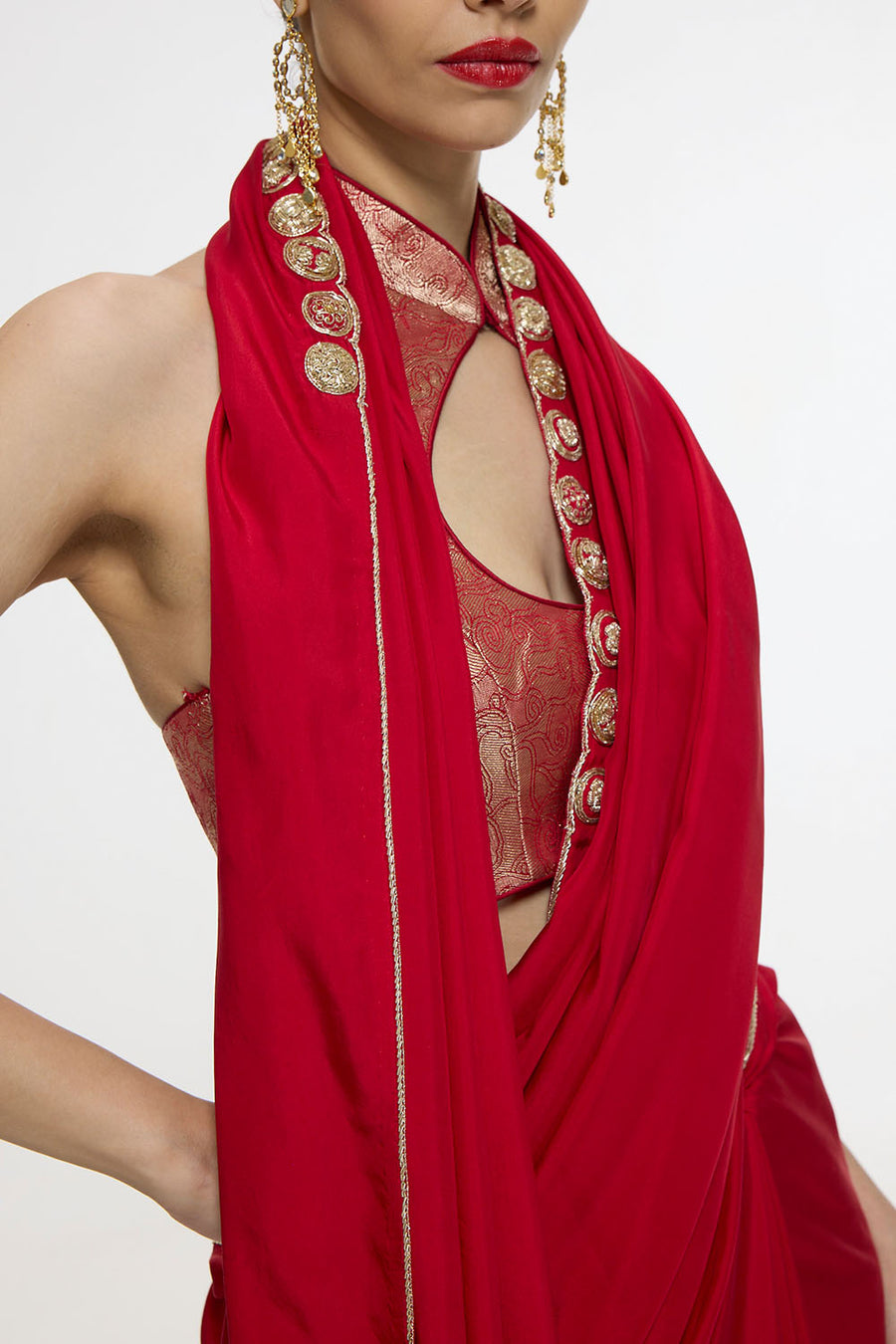 Handwoven Embroidered Vermillion Saree