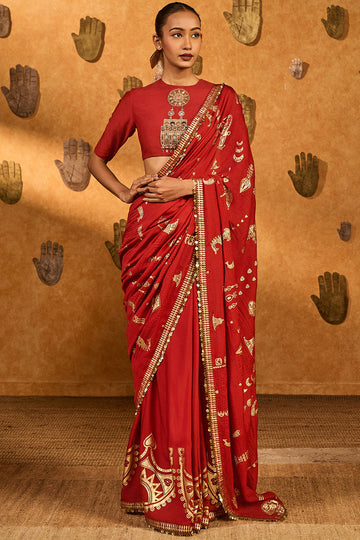 Red Crushed Folkstone Saree