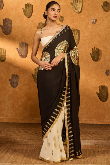 Black / White Moon Fish Saree