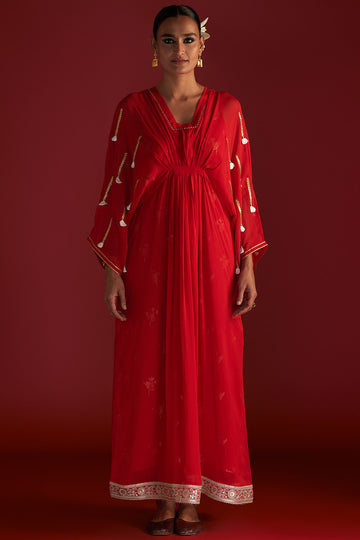 Red Gota Embroidered Kaftan with Slip