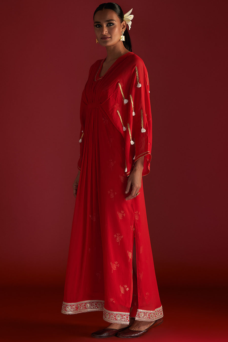 Red Gota Embroidered Kaftan with Slip