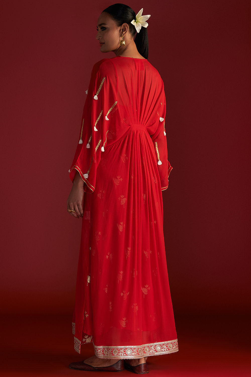 Red Gota Embroidered Kaftan with Slip