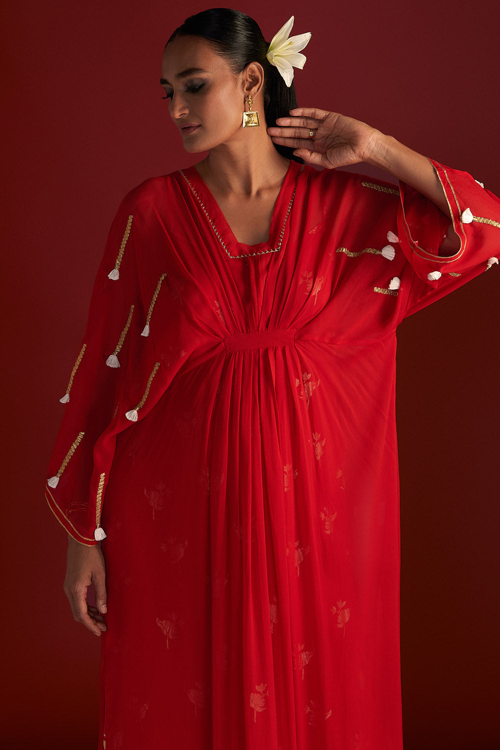 Red Gota Embroidered Kaftan with Slip