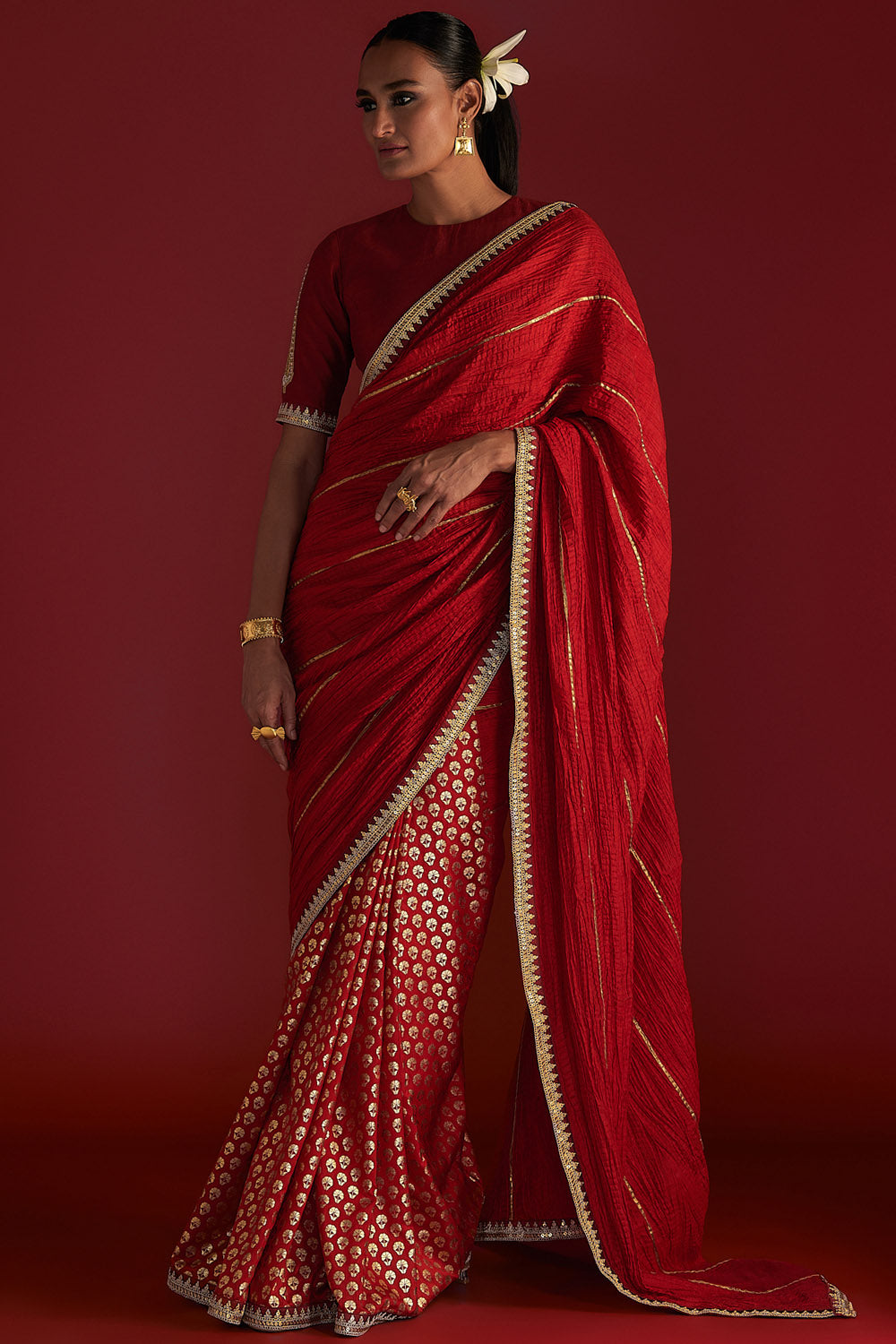 Red Crushed Honeycomb Saree