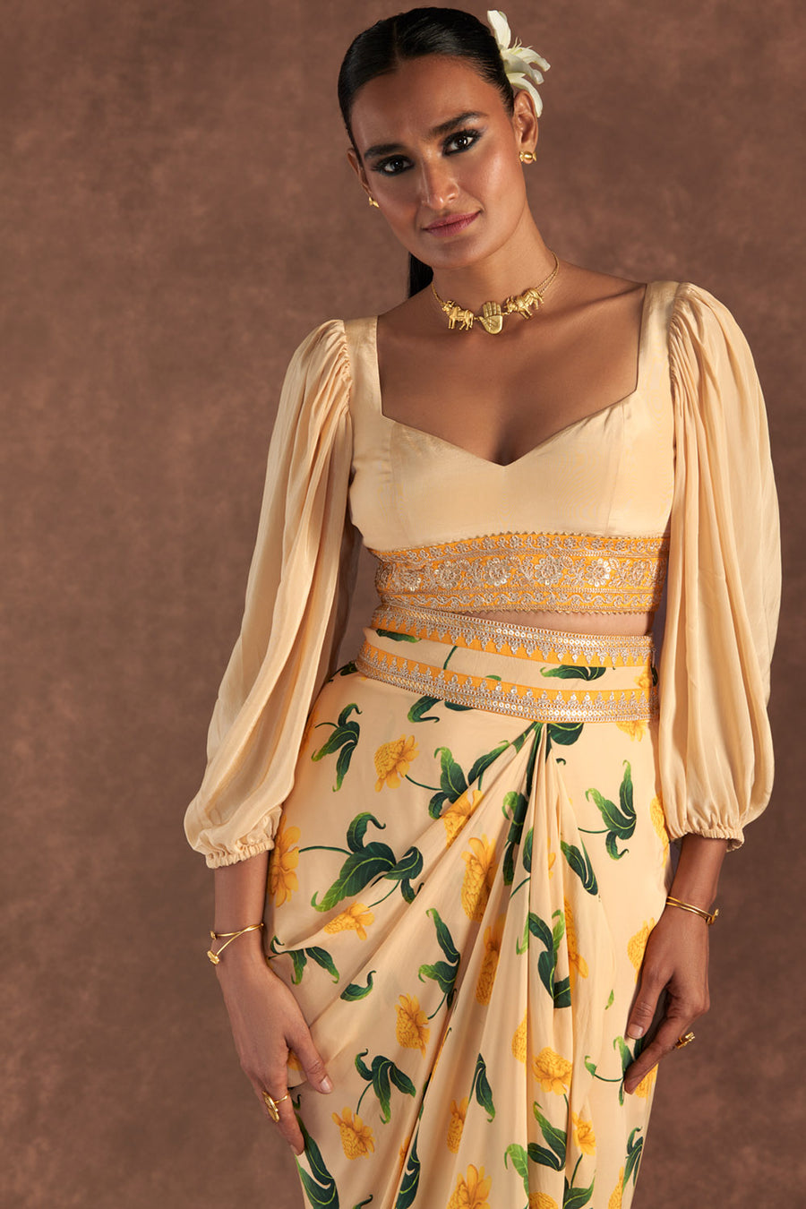 Vanilla Poppy Petal Drape Skirt Set