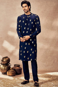 Blue Ganesha Foil Kurta Set