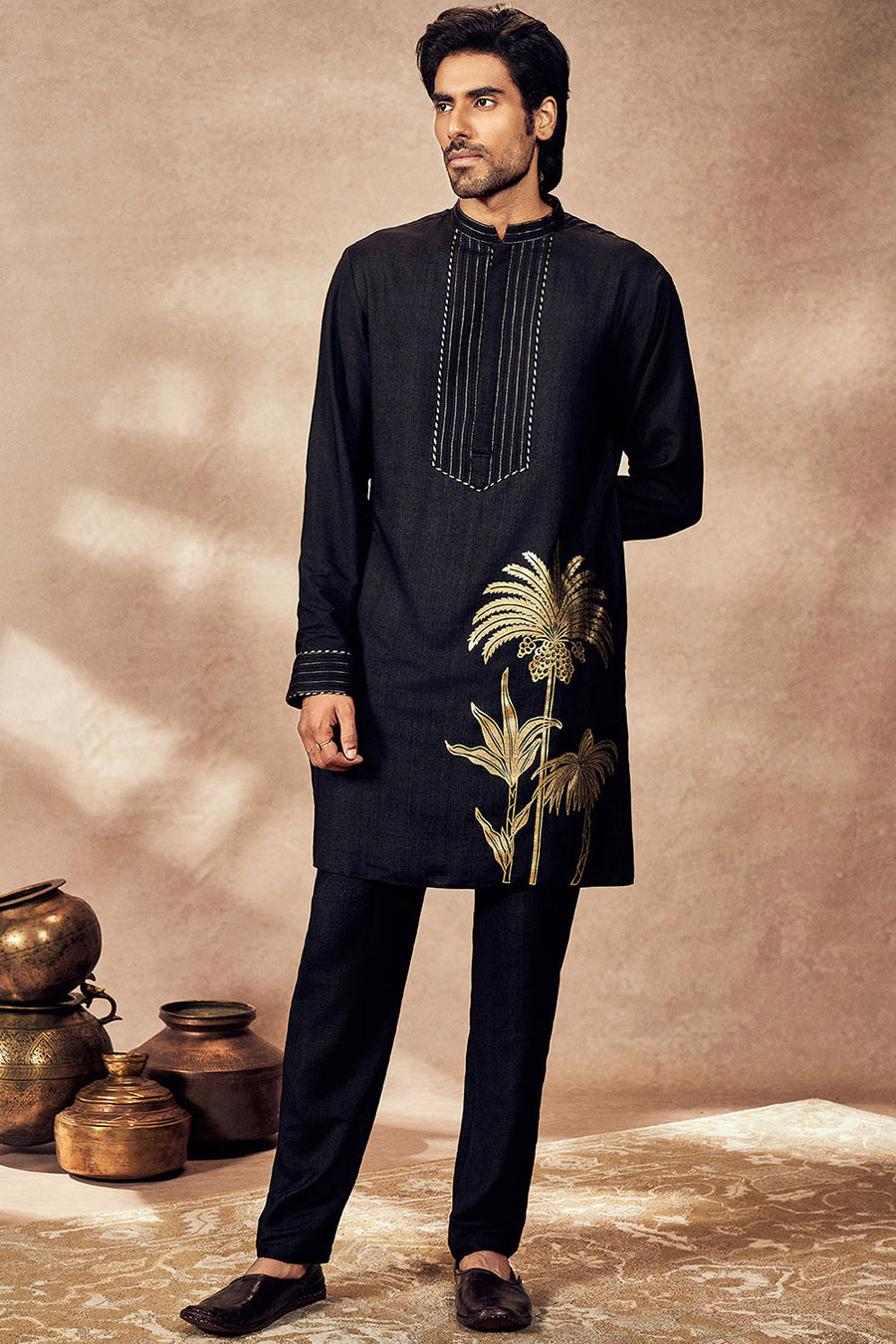 Black Palm Blooms Kurta Set