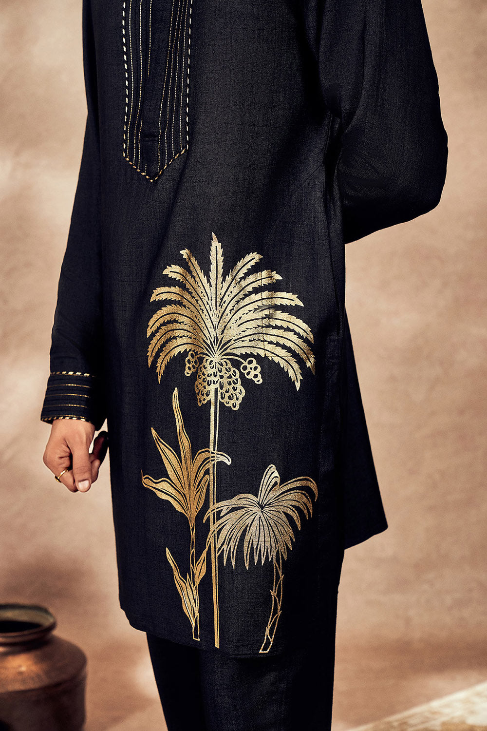 Black Palm Blooms Kurta Set